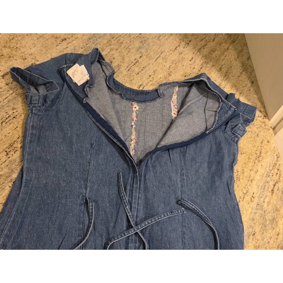 Vtg. Bobbie Brooks Dress Cottage Maxi Sz M Embroidered Floral Denim Modest Tie - Picture 12 of 16